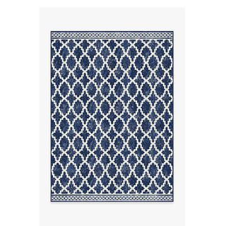 Navy and white geometric outdoor rug.