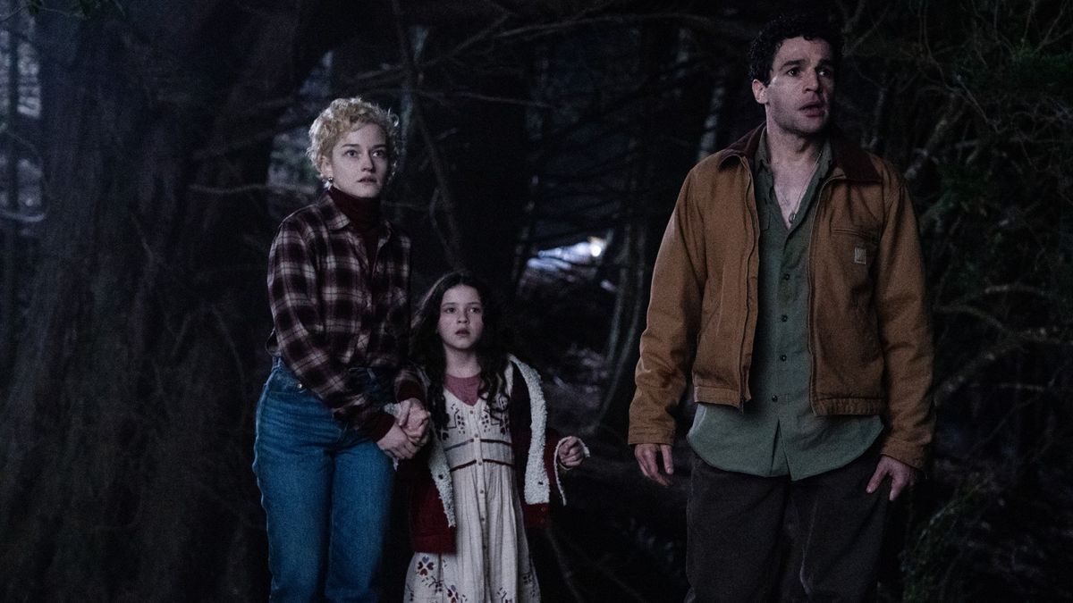 Julia Garner as &#039;Charlotte&#039;, Matilda Firth as &#039;Ginger&#039;, and Christopher Abbott as &#039;Blake&#039; in Wolf Man