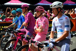 Tadej Pogačar, Jonathan Milan, Antonio Tiberi and Giulio Pellizzari at the start of stage 21 of the Giro d'Italia