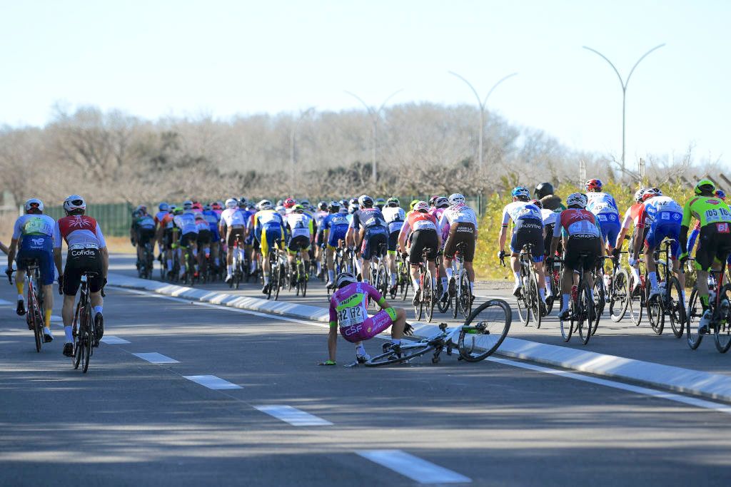 BELLEGARDE-SUR-VALSERINE, FRANCE - FEBRUARY 02: Luca Colnaghi of Italy and Team Bardiani CSF Faizane' involved in a crash during the 52nd &Atilde;toile De Bess&Atilde;&uml;ges - Tour Du Gard 2022 - Stage 1 a 160.8km stage from Bellegarde to Bellegarde 161m / #EtoiledeBesseges / #EDB2022 / on February 02, 2022 in Bellegarde-sur-Valserine, France. (Photo by Luc Claessen/Getty Images)