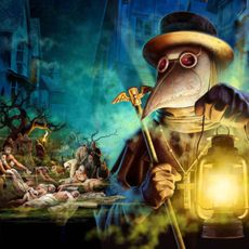 Artist's depiction of a plague doctor and people dying of plague. 