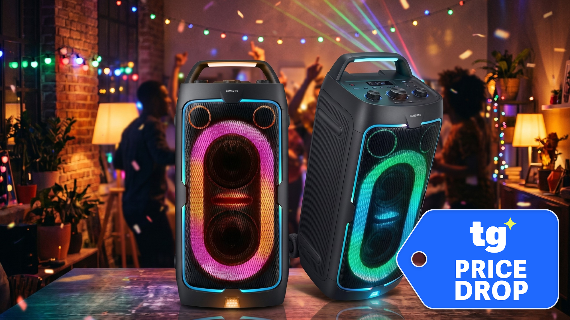 Samsung Sound Tower speakers shown in house party