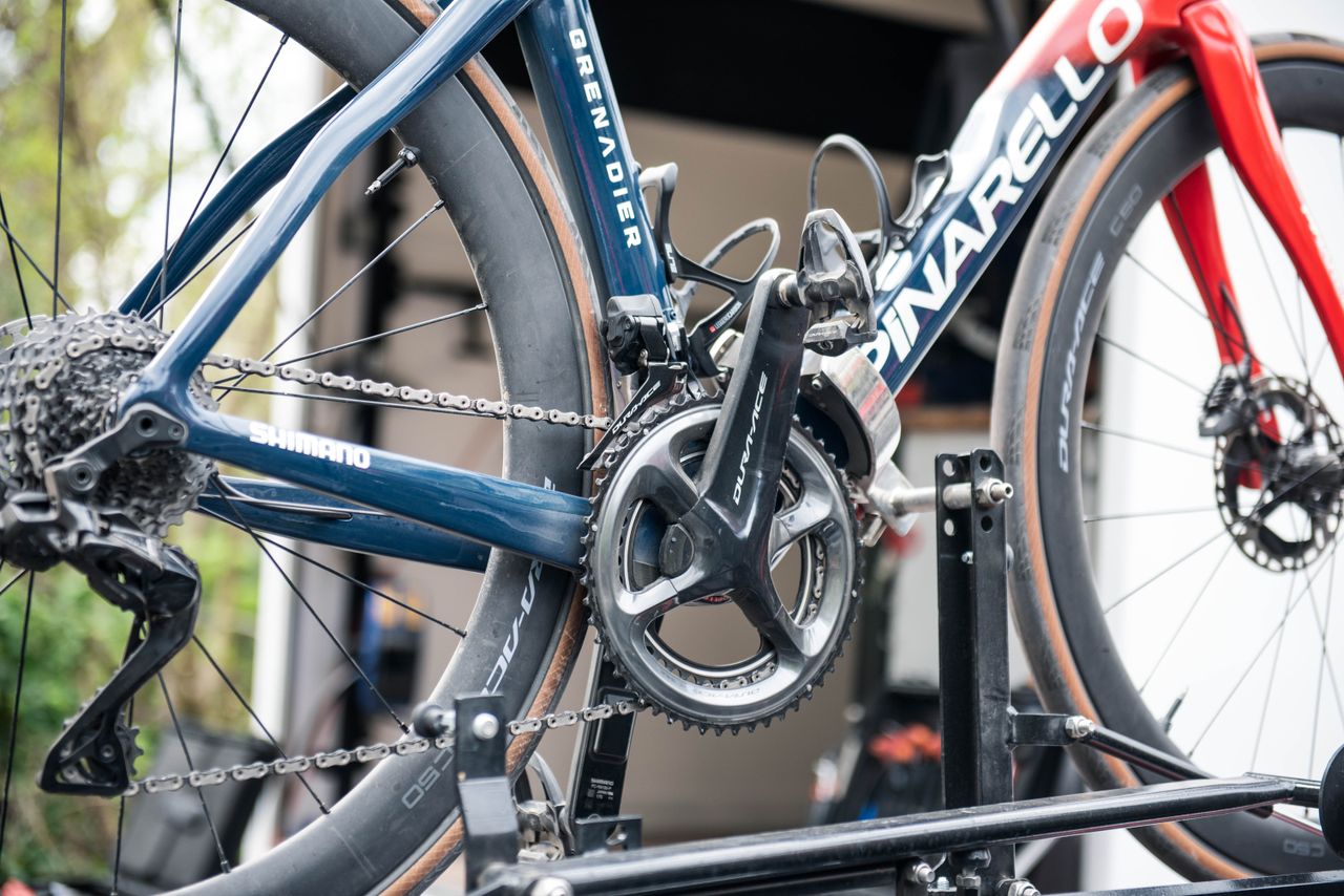 Michal Kwiatkowski's Pinarello Dogma F sits on a rack
