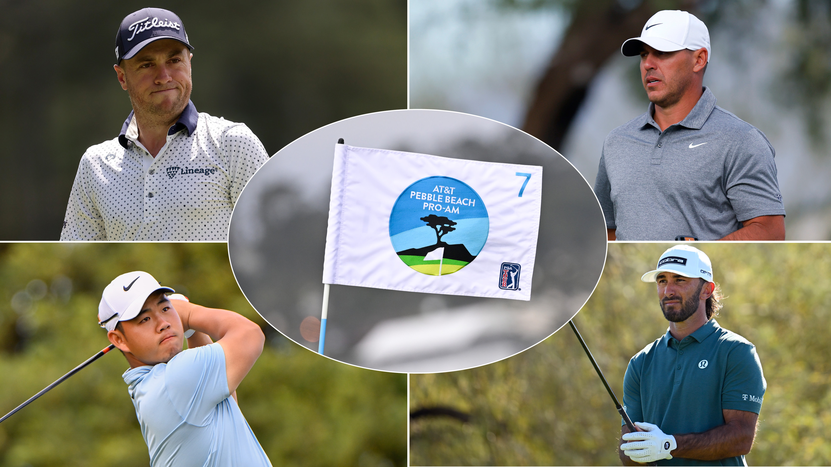 Justin Thomas, Brooks Koepka, Tom Kim, Max Homa and a Pebble Beach Pro-Am flag blowing in the wind
