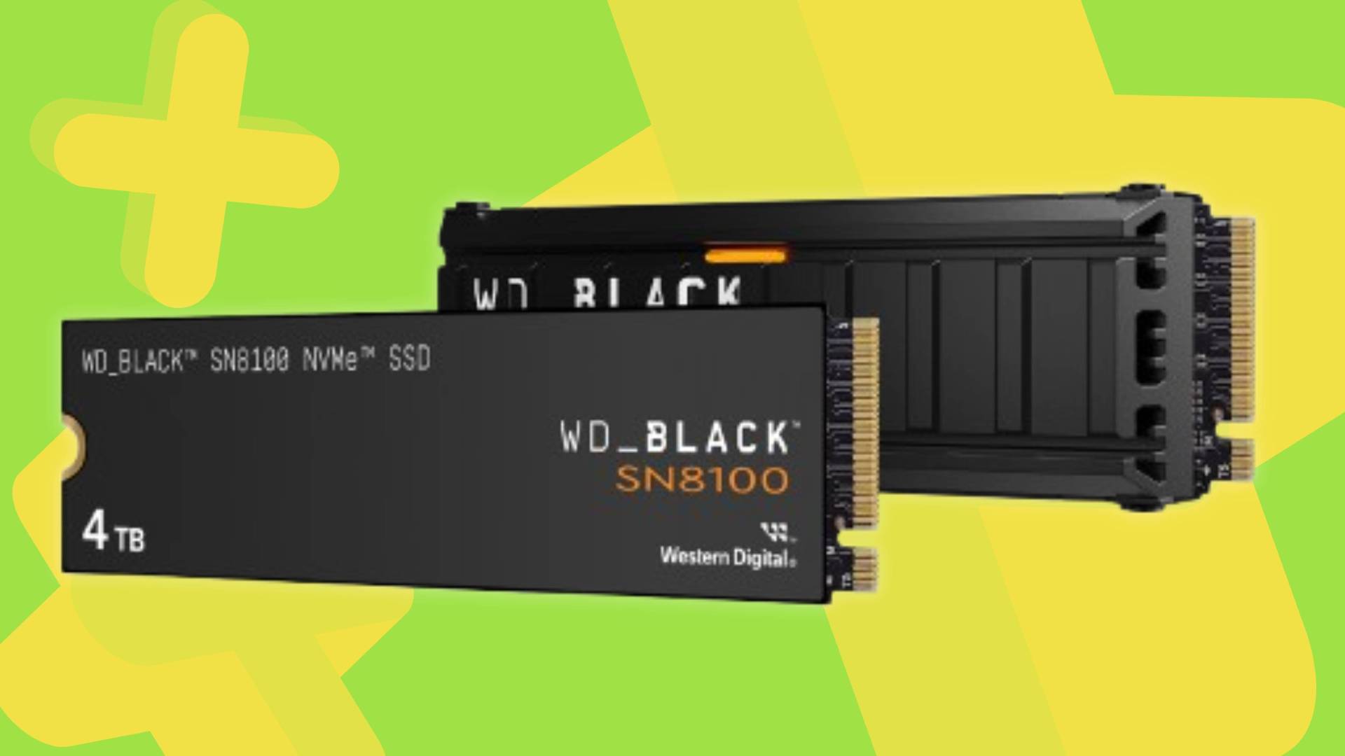 Product image of the WD Black SN8100 Gen 5 SSD, with a light green GamesRadar background.