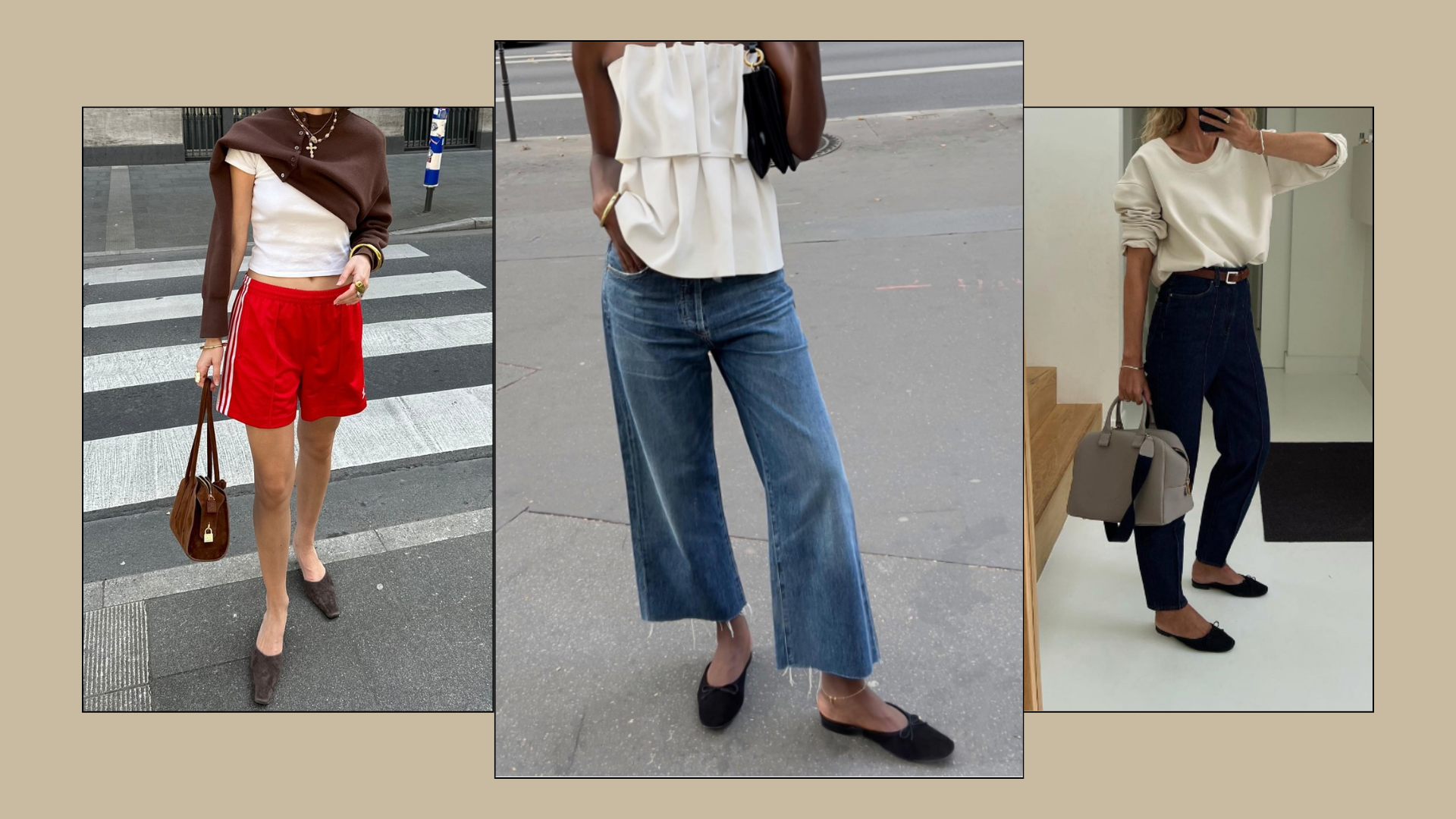 Three influencers wearing differing styles on shapes of the flat mule shoe trend. 