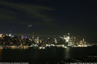 This photo, captured by Alexander Krivenyshev of WorldTimeZone.com, shows Northrop Grumman's Antares rocket flying above New York City on Nov. 7, 2022. The Antares launched a Cygnus cargo spacecraft toward the International Space Station from Virginia early that morning.
