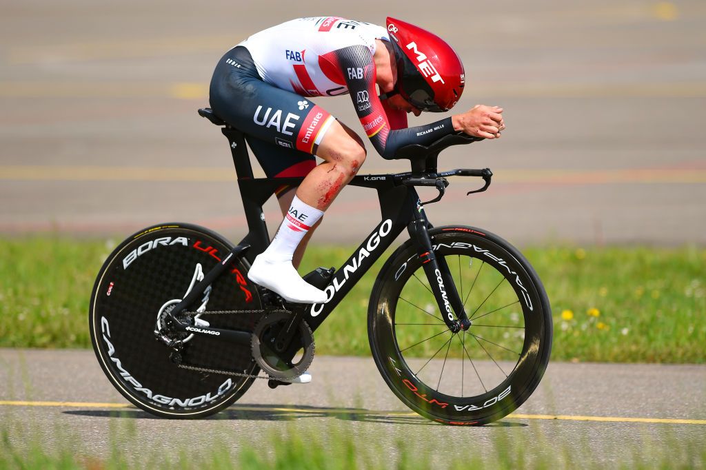 LAUSANNE SWITZERLAND APRIL 26 Brandon Mcnulty of United States and UAE Team Emirates sprints during the 75th Tour De Romandie 2022 Prologue a 512km individual time trial from Lausanne to Lausanne ITT TDR2022 on April 26 2022 in Lausanne Switzerland Photo by Dario BelingheriGetty Images