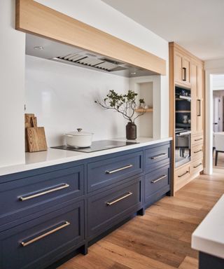 Blue kitchen with white worktops and wooden flooring
