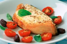 Halibut with oven-roasted tomatoes, basil and tapenade recipe