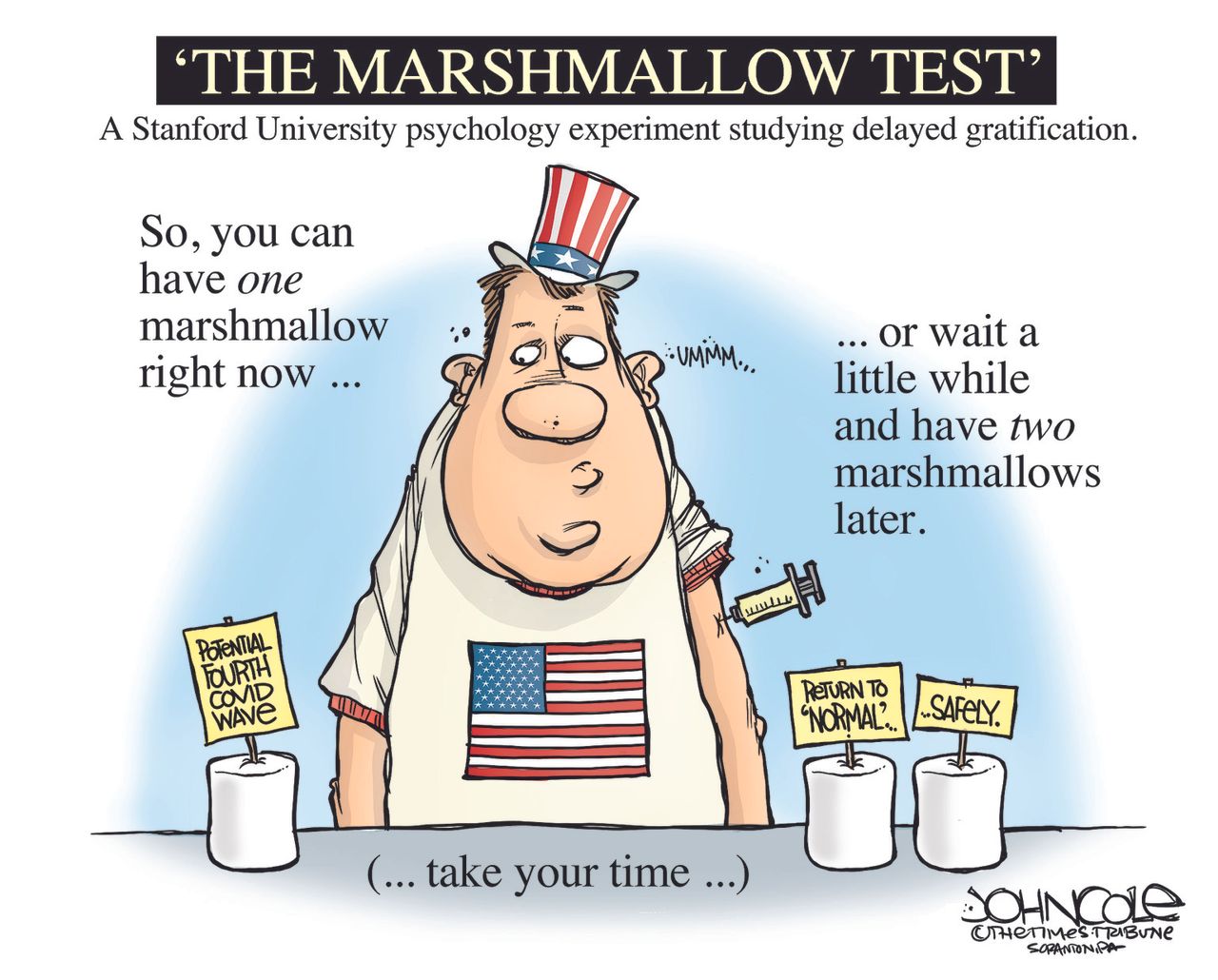 Editorial Cartoon U.S. covid vaccination marshmallow test