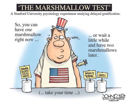 Editorial Cartoon U.S. covid vaccination marshmallow test