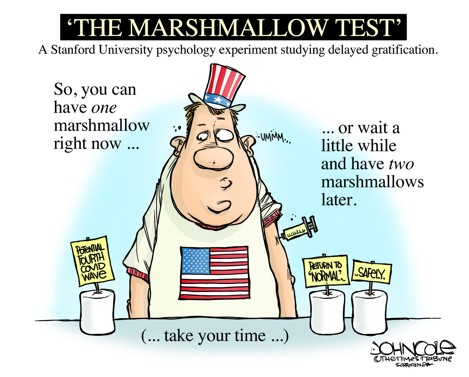 Editorial Cartoon U.S. covid vaccination marshmallow test