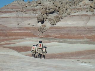 A previous crew from the Mars Desert Research Station in February 2013, including Crew 133 commander Paula Crock (No. 6 in the photo).