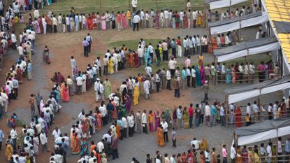Voters in queue polling station, Mumbai, Maharashtra, India