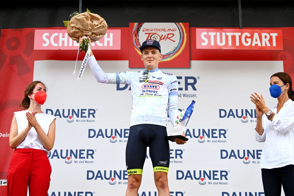 STUTTGART GERMANY AUGUST 28 Georg Zimmermann of Germany and Team Intermarch Wanty Gobert Matriaux celebrates at podium as White Best Young Rider Jersey winner during the 37th Deutschland Tour 2022 Stage 4 a 1866km stage from Schiltach to Stuttgart DeineTour on August 28 2022 in Stuttgart Germany Photo by Stuart FranklinGetty Images