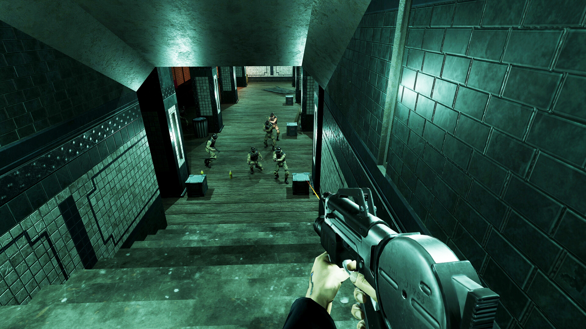 A shootout on a staircase, bathed in green light.