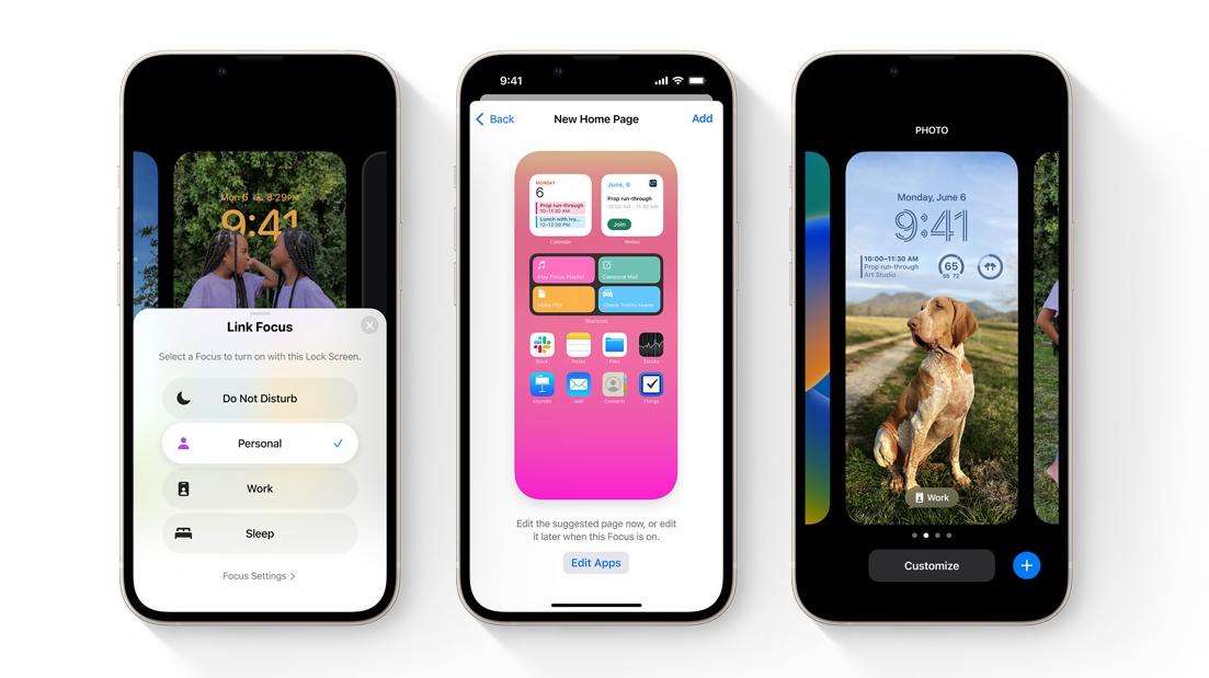 Screenshots showing Focus on iOS 16