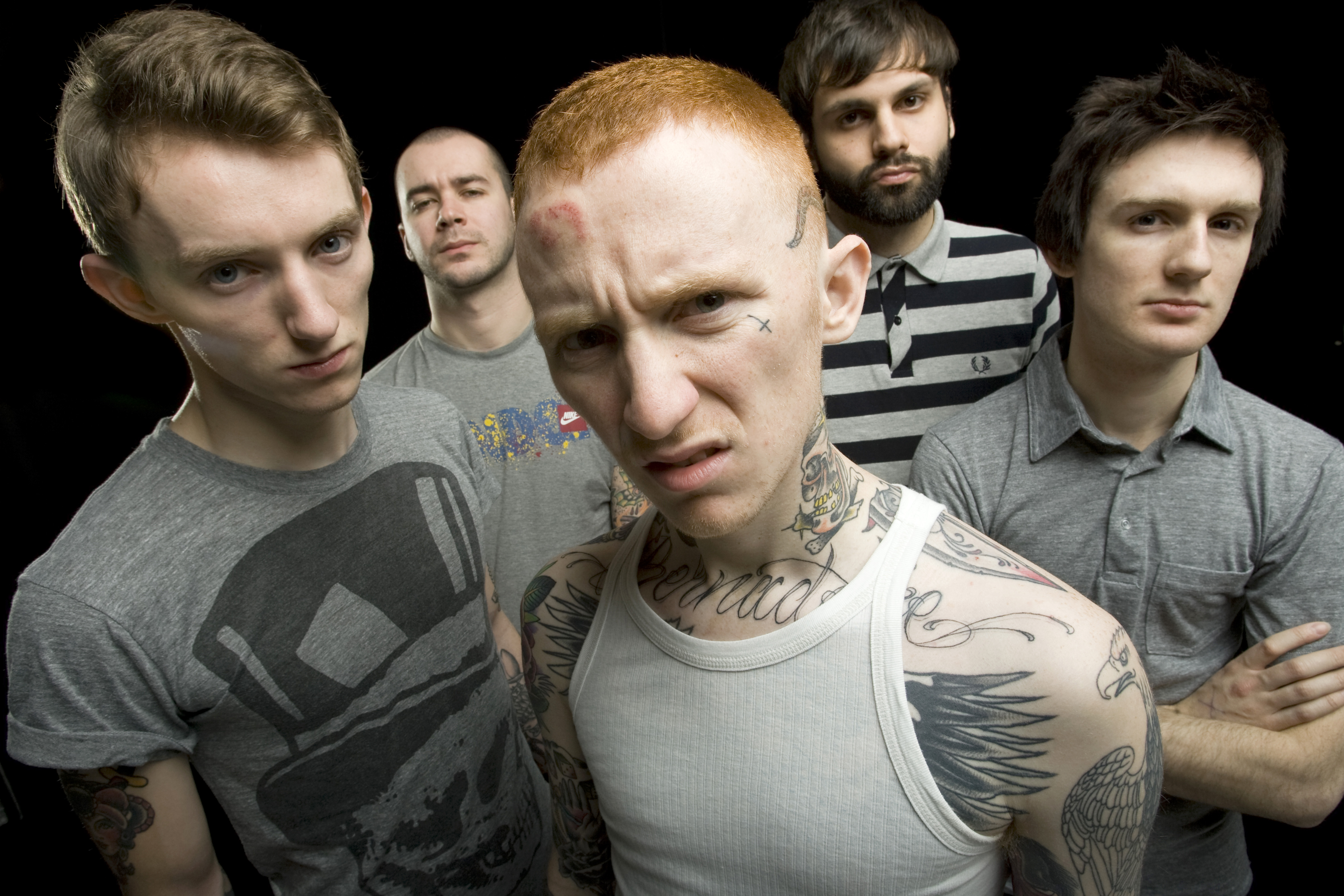 British punk band Gallows pose for a group portrait. Left to right are Steph Carter, Stuart Gili-Ross, Frank Carter, Laurent Barnard and Lee Barratt in London, England on December 2 2008. (Photo by Nigel Crane/Redferns)