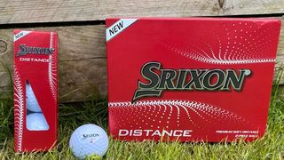 The excellent Srixon Distance golf ball and its bright red packaging