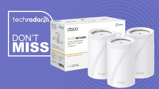 The TP-Link BE68 three-pack on a purple background next to a TechRadar badge in white that reads 'Don't Miss'
