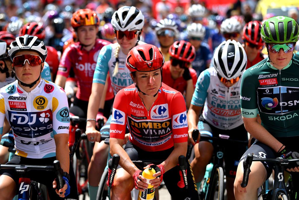 ELCHE DE LA SIERRA SPAIN MAY 03 LR Jade Wiel of France and Team FDJSuez Polka Dot Mountain Jersey Marianne Vos of The Netherlands and Team JumboVisma Red Leader Jersey and Charlotte Kool of The Netherlands and Team DSM Green points jersey prior to the 9th La Vuelta Femenina 2023 Stage 3 a 1578km stage from Elche de la Sierra to La Roda UCIWWT on May 03 2023 in Elche de la Sierra Spain Photo by Dario BelingheriGetty Images