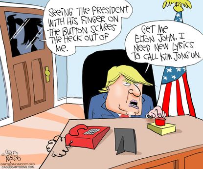 Political cartoon U.S. Trump Elton John Kim Jong-Un