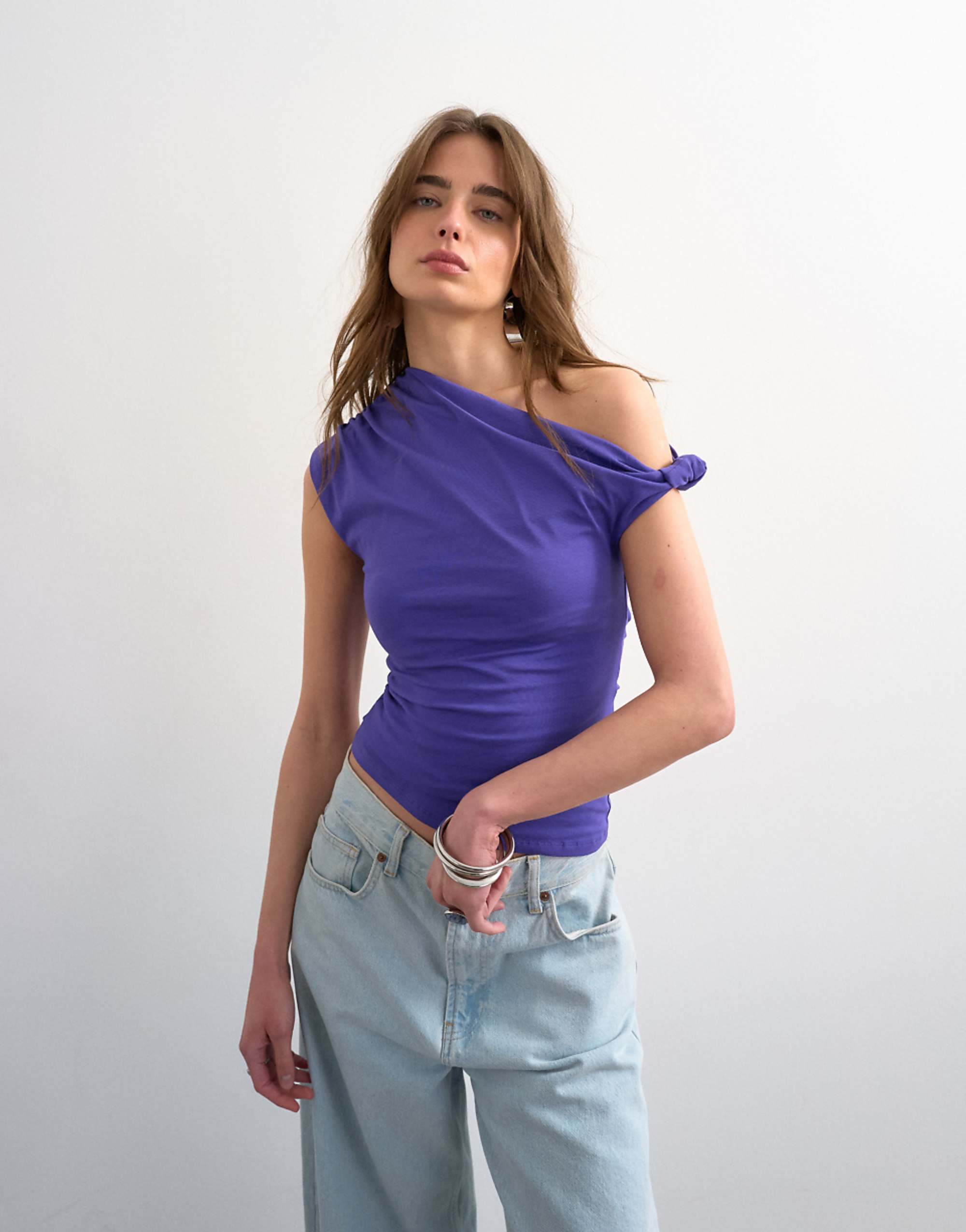 Topshop Asymmetric Ruched Shoulders Top in Purple