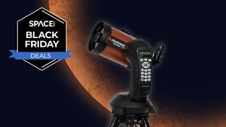 The Celestron Nexstar 6SE telescope against an orange planet background with a black Space.com Black Friday badge in the upper left corner. 