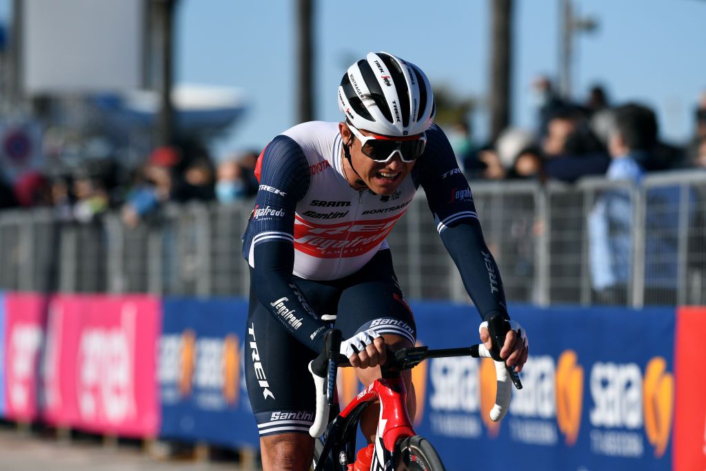 LIDODIFERMO ITALY MARCH 15 Arrival Emils Liepins of Latvia and Team Trek Segafredo during the 56th TirrenoAdriatico 2021 Stage 6 a 169km stage from Castelraimondo to Lido di Fermo TirrenoAdriatico on March 15 2021 in Lido di Fermo Italy Photo by Tim de WaeleGetty Images