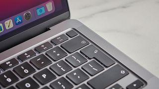 The keyboard and Touch ID button on the 2020 MacBook Air with M1 chip.