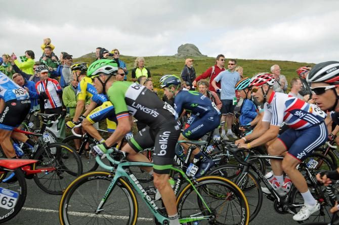 The peloton passes Haytor Rock