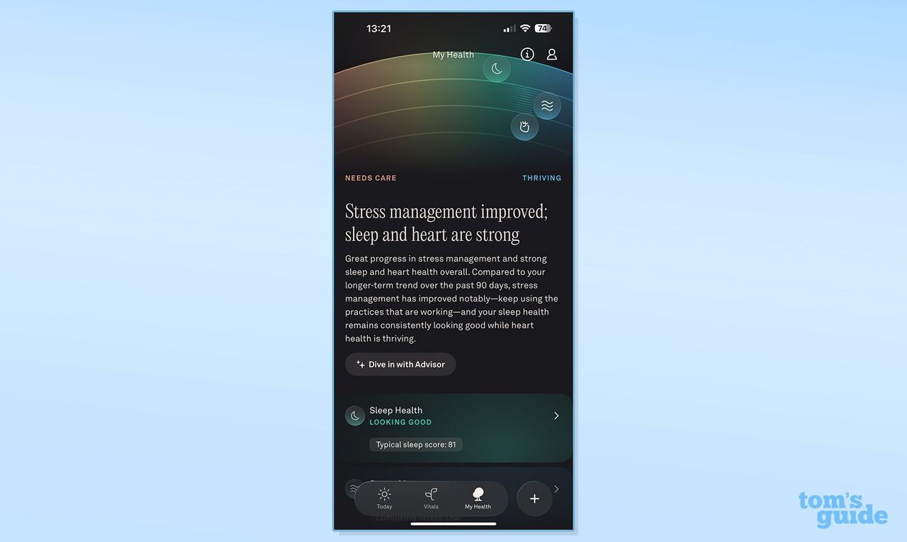 Stress management, sleep and heart rate summary on the Oura app against a blue background