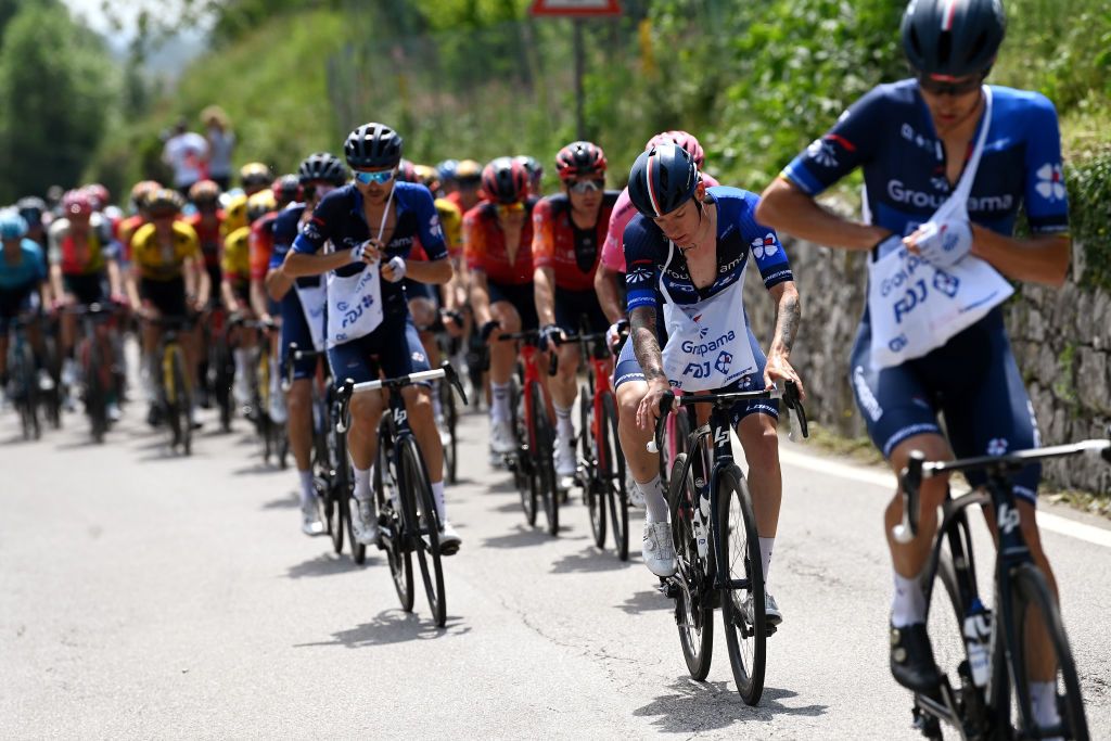 BERGAMO ITALY MAY 21 Jake Stewart of The United Kingdom and Team Groupama FDJ rides whilst eating during the 106th Giro dItalia 2023 Stage 15 a 195km stage from Seregno to Bergamo UCIWT on May 21 2023 in Bergamo Italy Photo by Tim de WaeleGetty Images