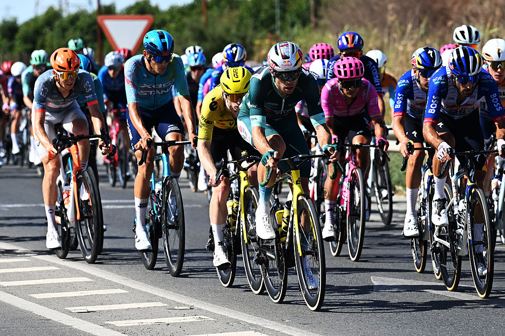 PALOS DE LA FRONTERA, SPAIN - SEPTEMBER 08: (L-R) Matthew Brennan of Great Britain and Wout Van Aert of Belgium and Team Visma | Lease a Bike - Green points jersey compete during the La Vuelta - 81st Tour of Spain 2026, Stage 16 a 181.1km stage from Cortegana to Monasterio de La Rabida - Palos de la Frontera / #UCIWT / on September 08, 2026 in Palos de la Frontera, Spain. (Photo by Tim de Waele/Getty Images)