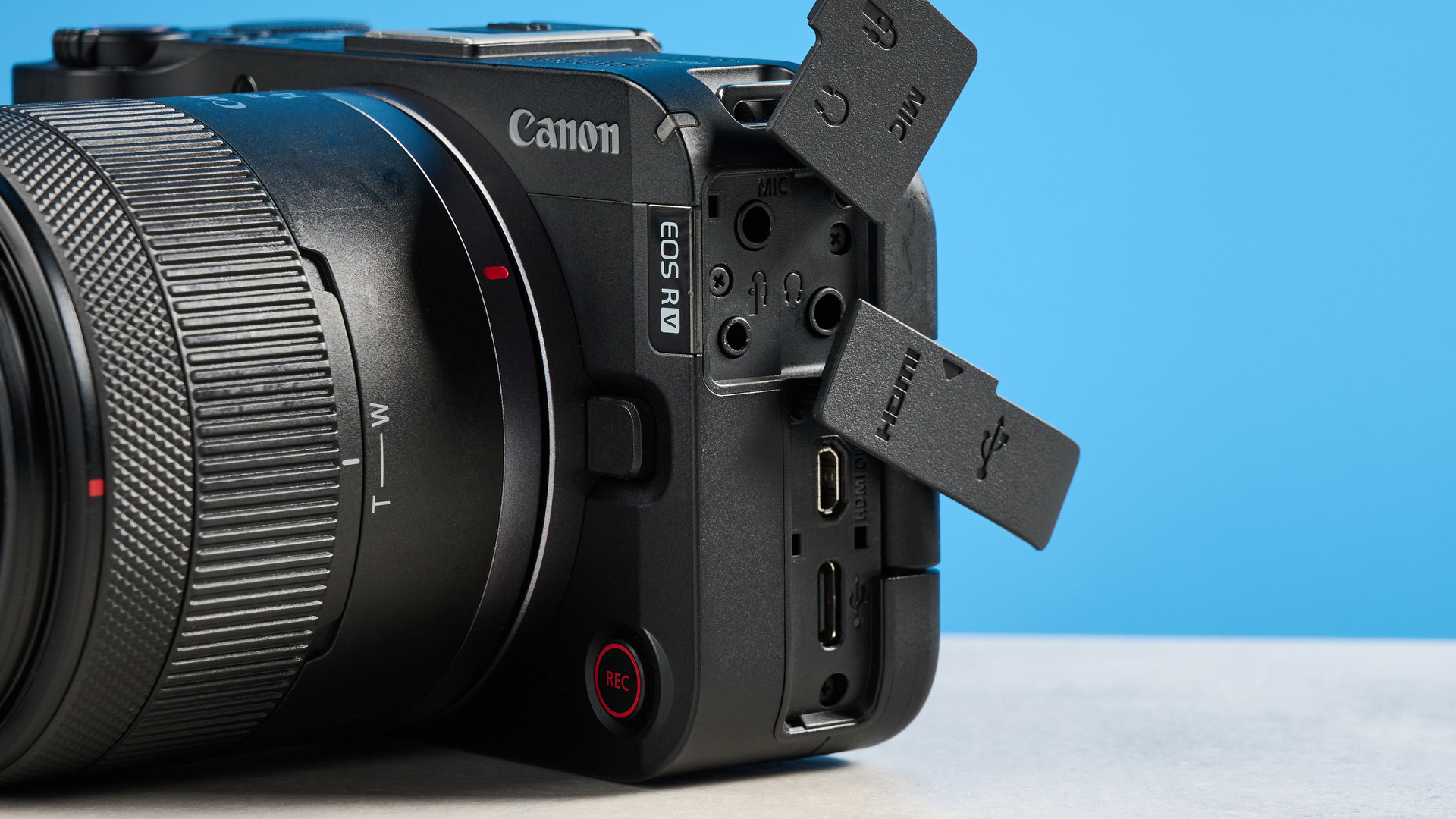 A black Canon EOS R50 V video-first camera