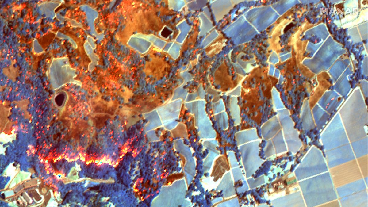 A shortwave-infrared image shows the Kincade Fire near vineyards in Sonoma, California, on Oct. 24, 2019.