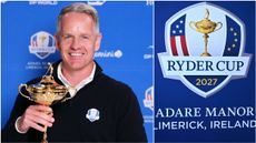 Luke Donald holds the Ryder Cup trophy alongside a banner for the 2027 Ryder Cup at Adare Manor in Ireland