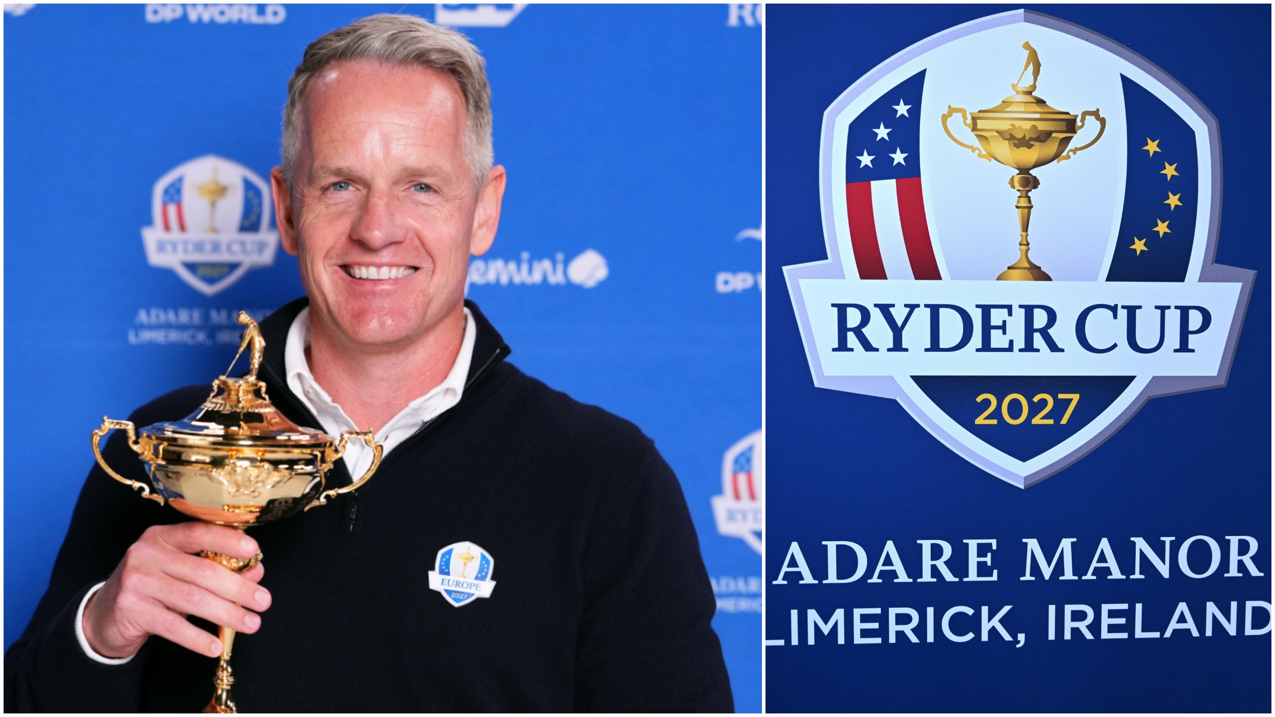 Luke Donald holds the Ryder Cup trophy alongside a banner for the 2027 Ryder Cup at Adare Manor in Ireland
