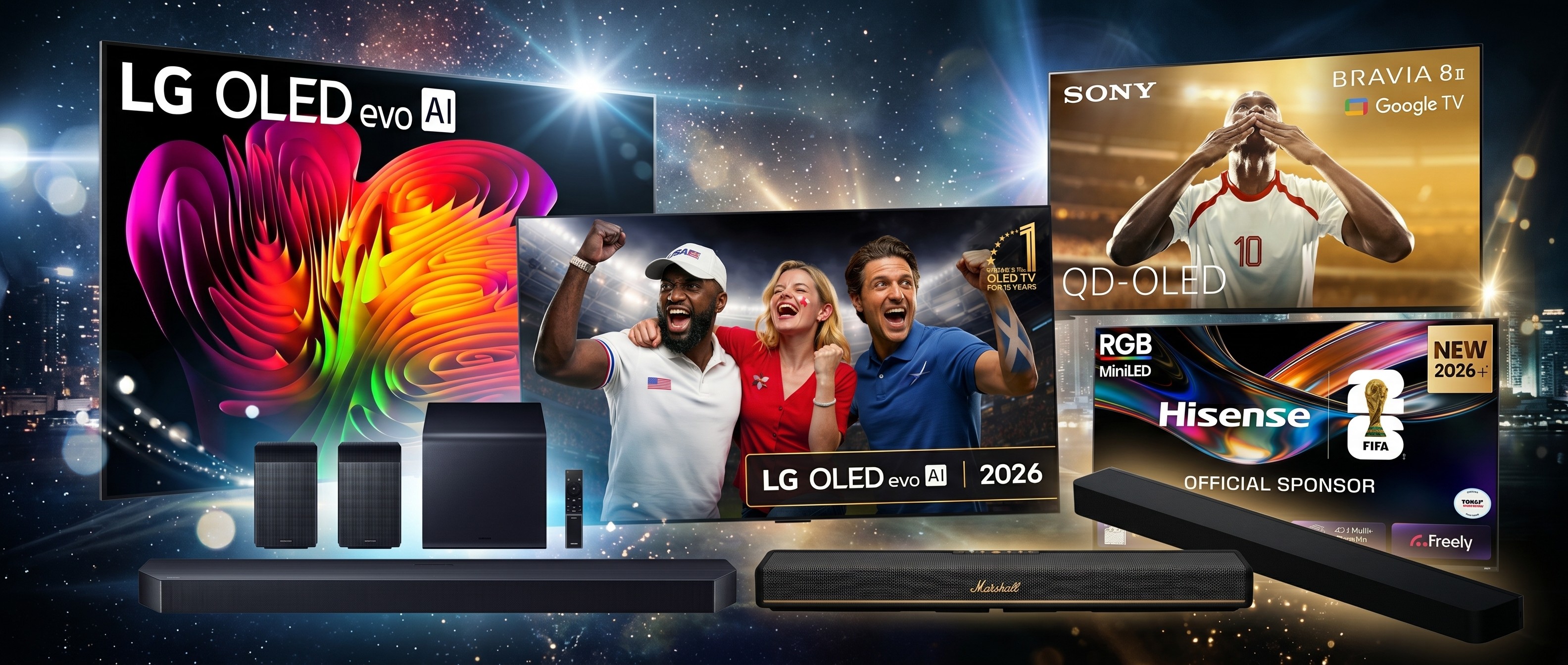A collage of TVs and soundbars in the latest John Lewis promotion, including options from LG, Hisense, Samsung, Sony, and Marshall.