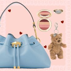 Collage of Blue Bag, Teddy Bear Charm, and Makeup