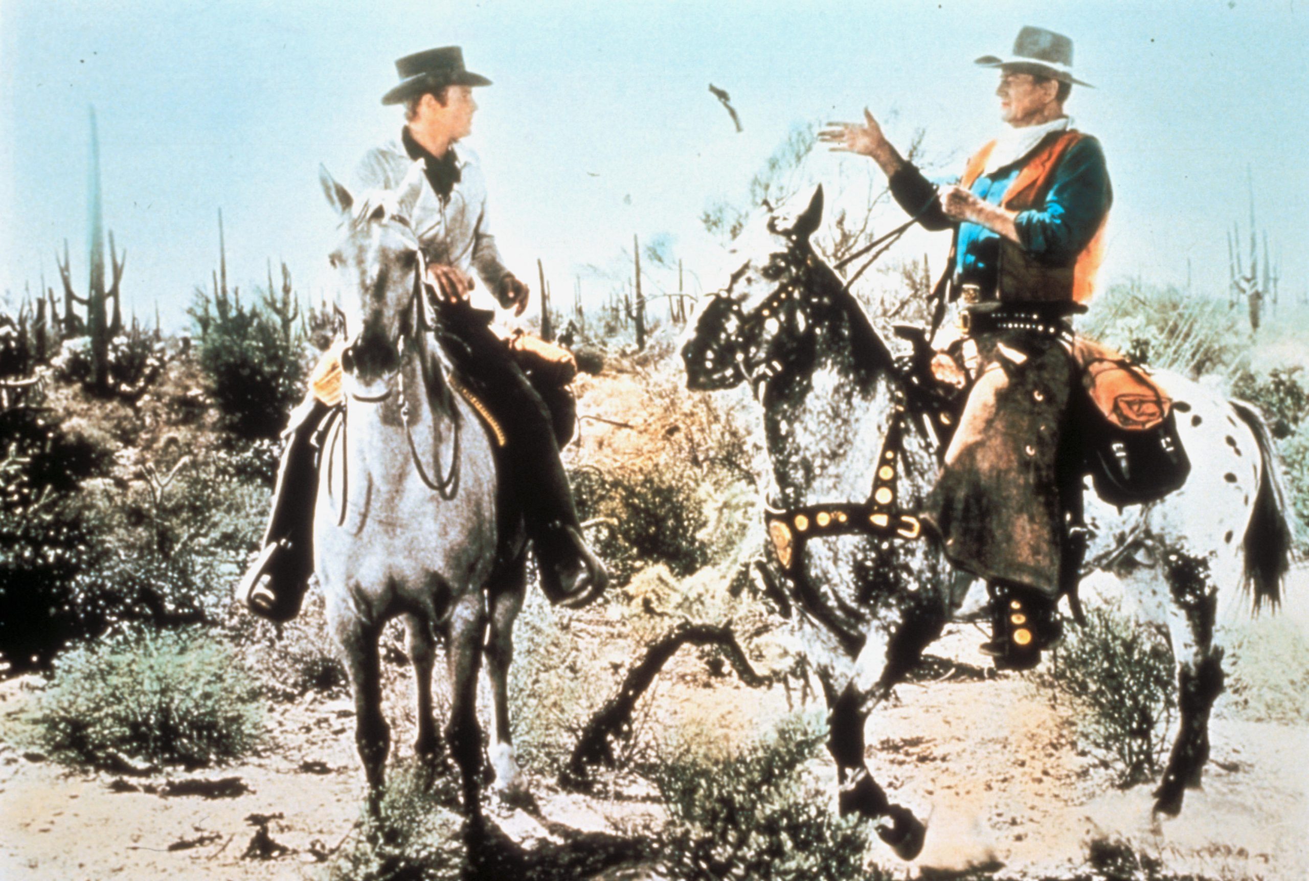 John Wayne rides an appaloosa in the film El Dorado in 1966