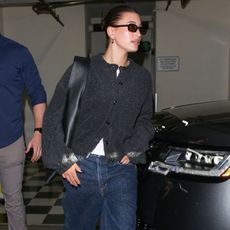 An image of Agolde jeans as pictured on Hailey Bieber. 