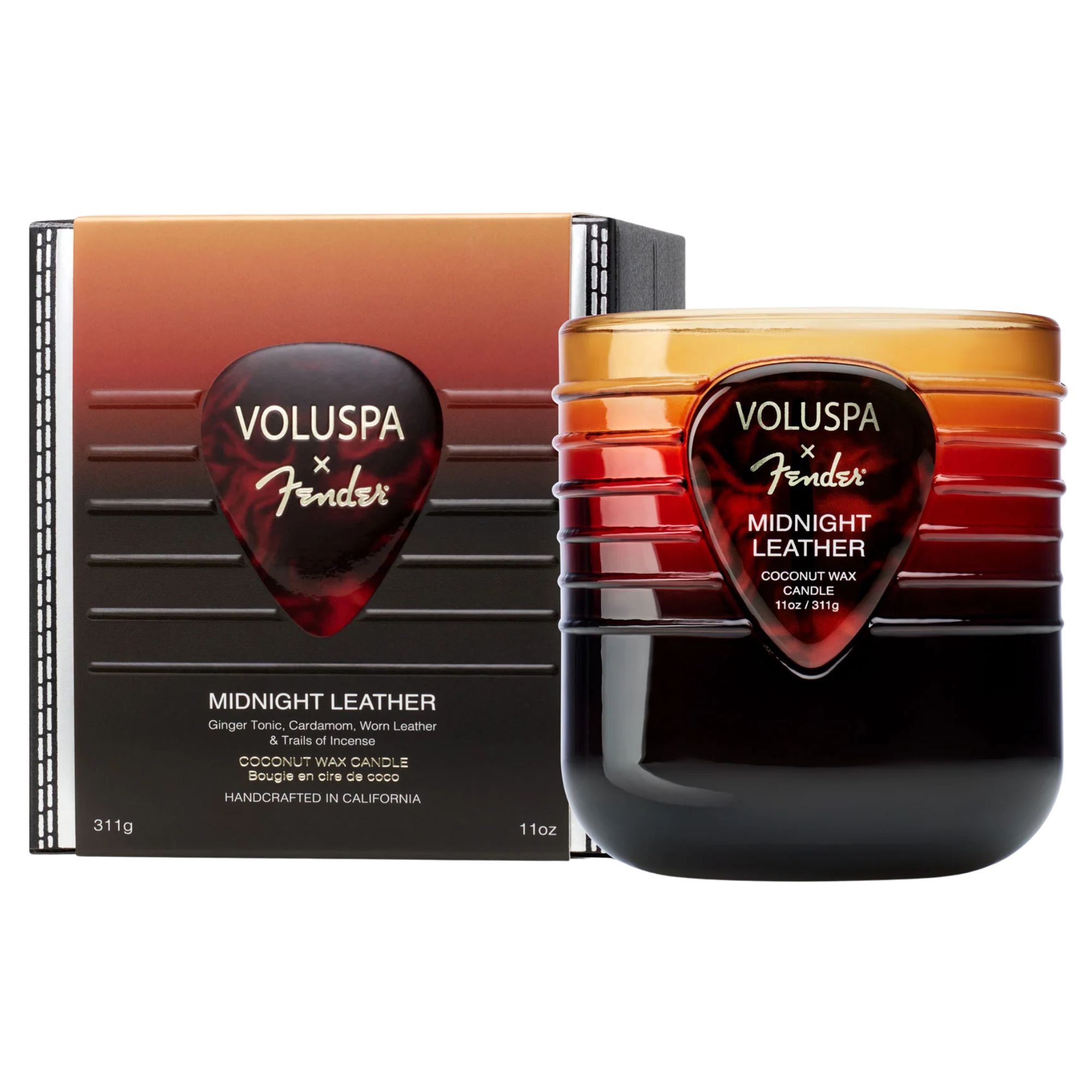 Voluspa x Fender midnight leather candle