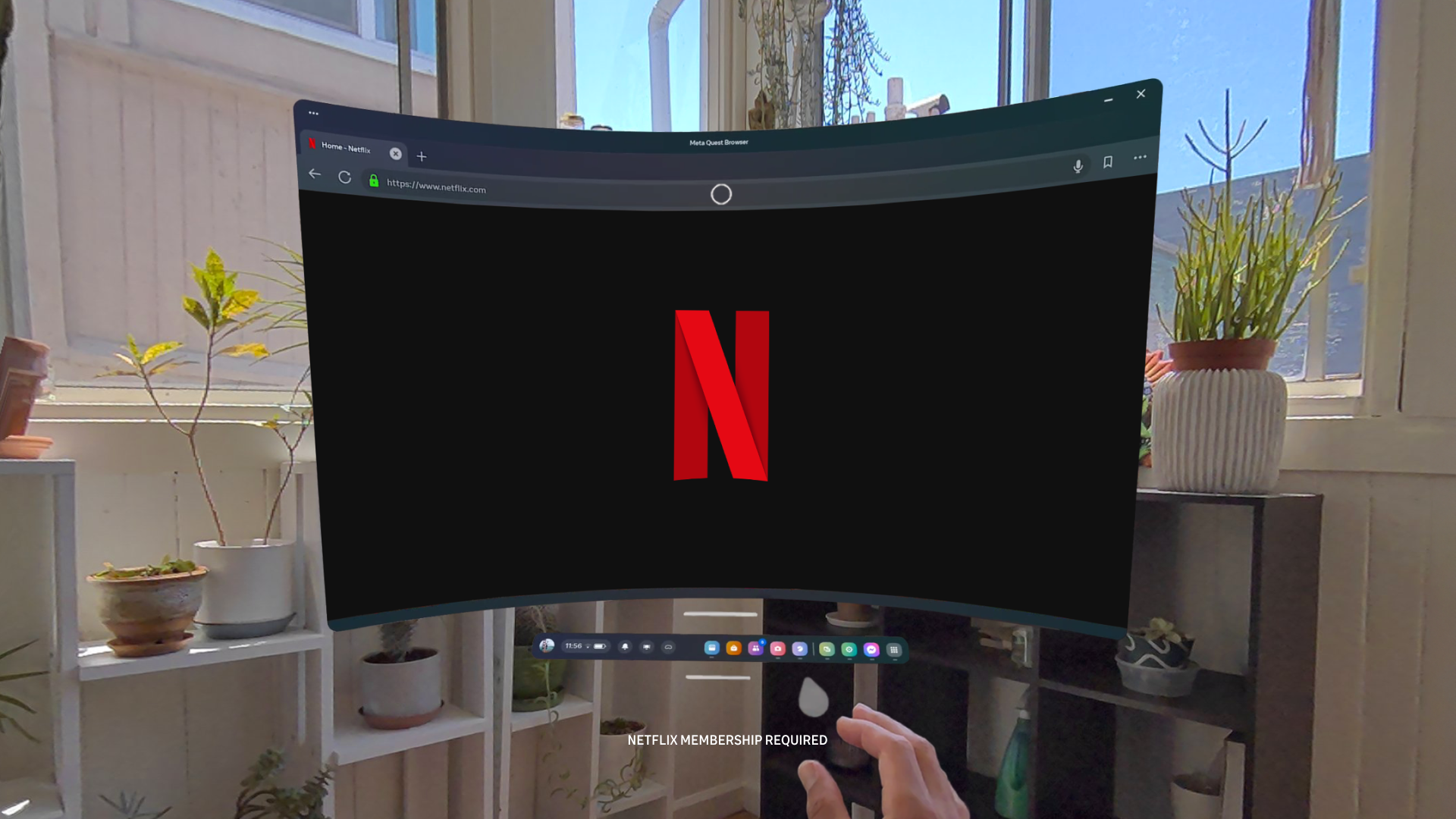Una ventana que muestra Netflix reproduciéndose en una pantalla de realidad virtual usando Quest 3