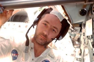 Apollo 9 commander Jim McDivitt, as seen on board the command module "Gumdrop" in March 1969.