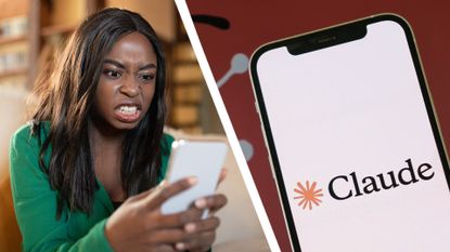 A person angrily looking at their phone next to an image of Anthropic's Claude AI bot on a phone screen.