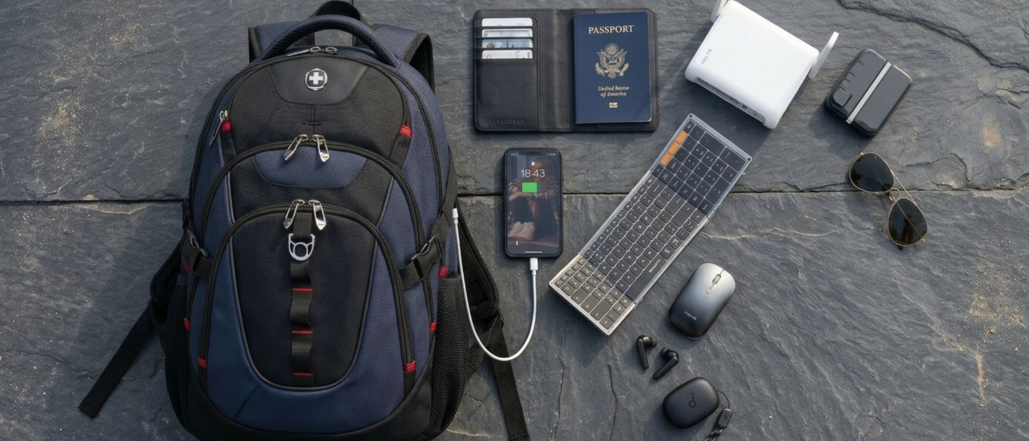 A selection of business travel tech on a stone background