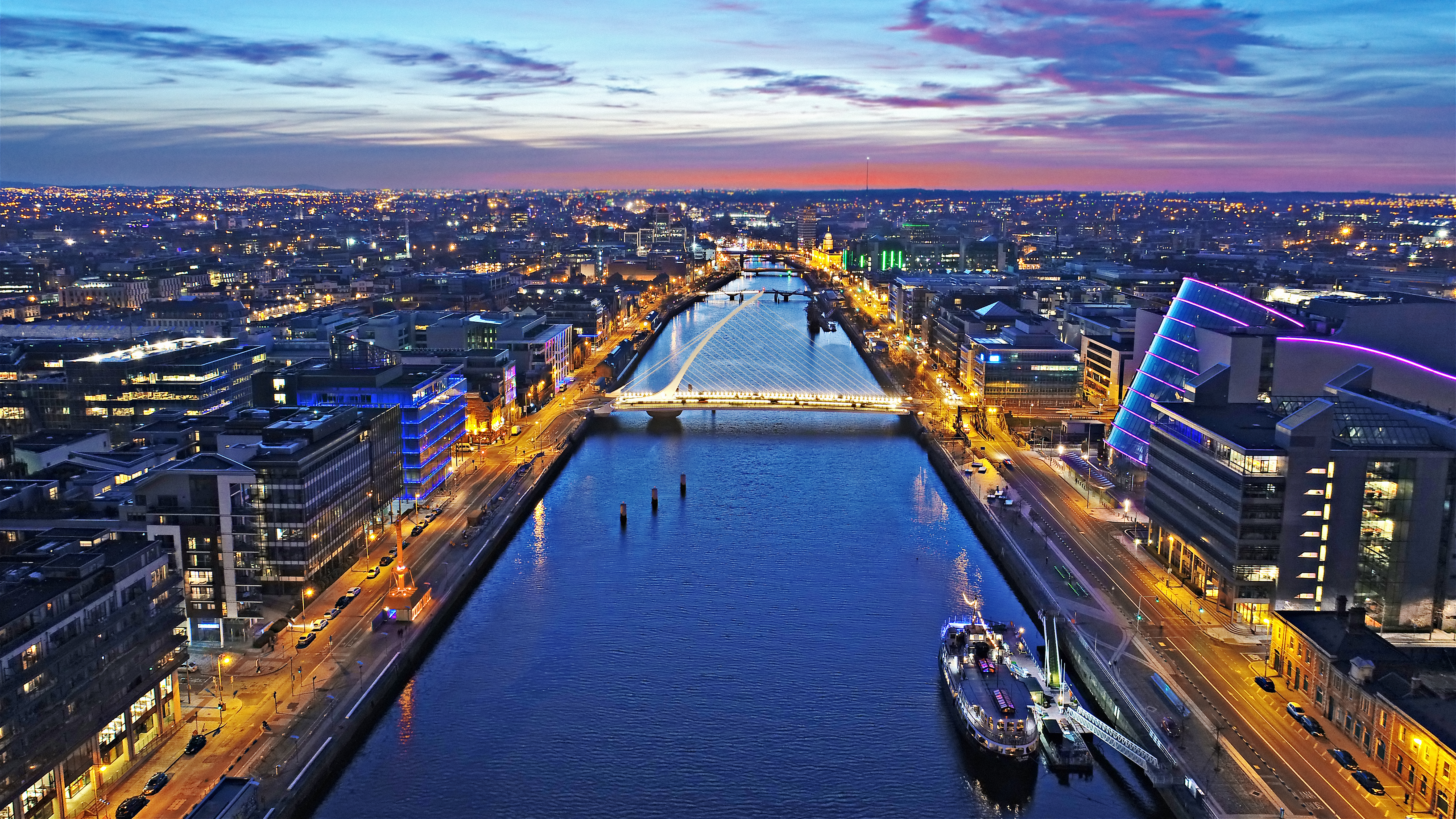 Aerial shot of Dublin by night