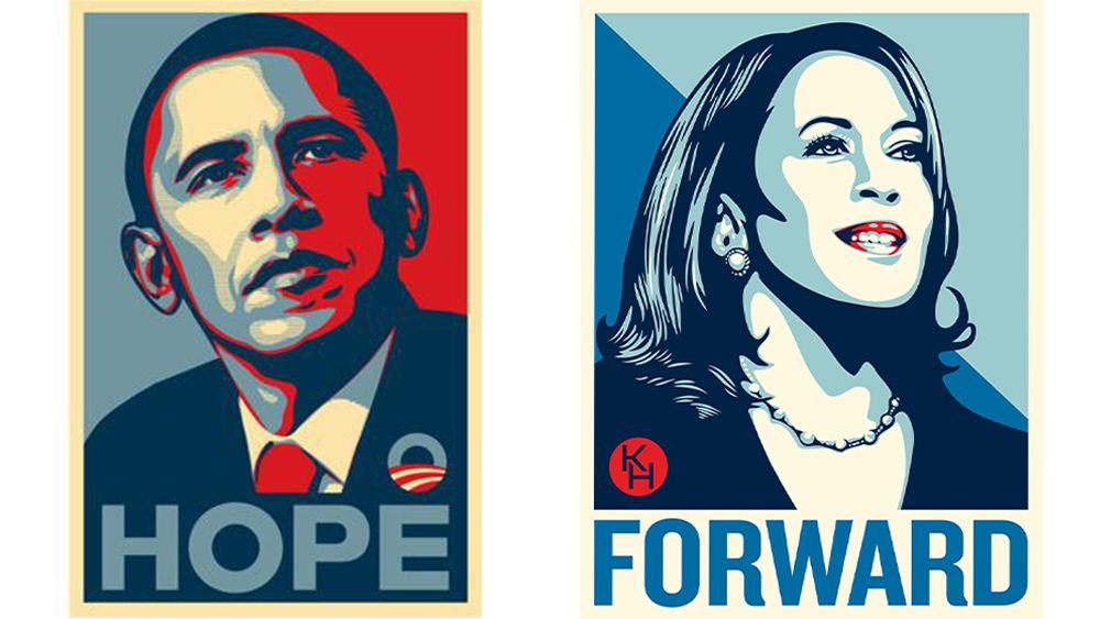 Shepard Fairey Barrack Obama poster and Kamala Harris poster design